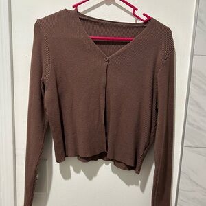 🐻🤎 Ribbed V-Neck Cropped Brown Cardigan